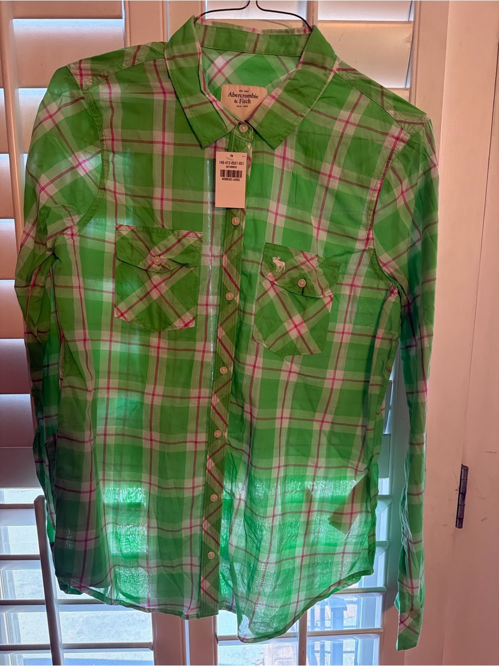 Abercrombie & Fitch Green Plaid Button-Down Shirt with Pink Accents